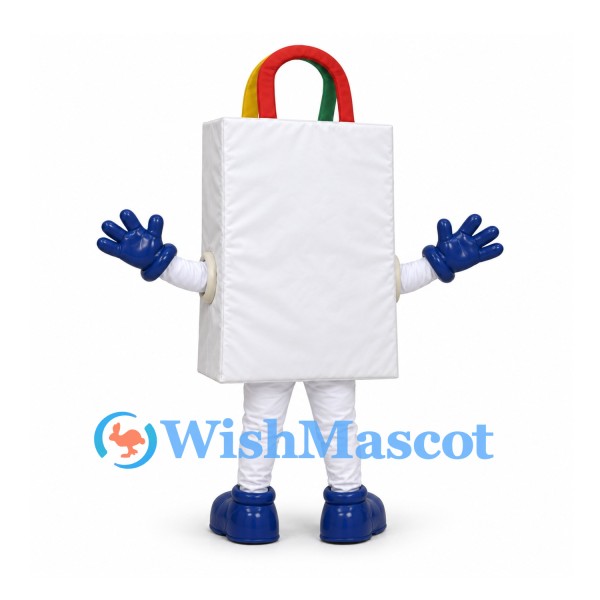 Shopping Bag Mascot Costume in White with Multicolor Handles