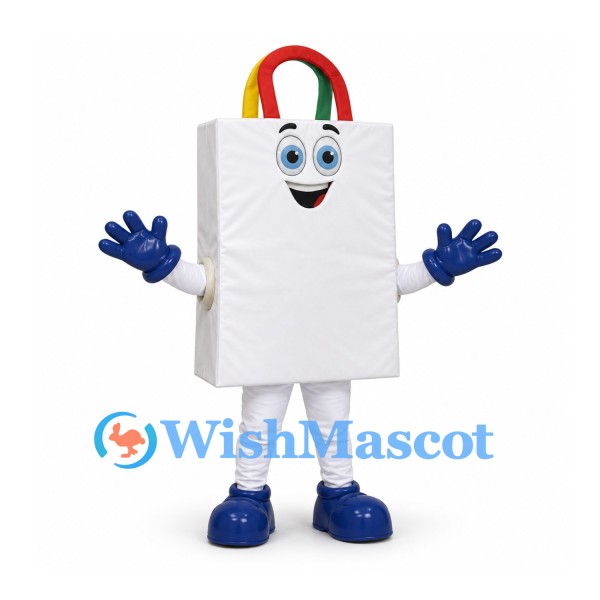 Shopping Bag Mascot Costume in White with Multicolor Handles