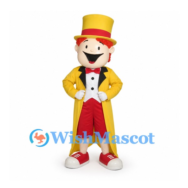 Showman Mascot Costume with Yellow Tailcoat and Top Hat
