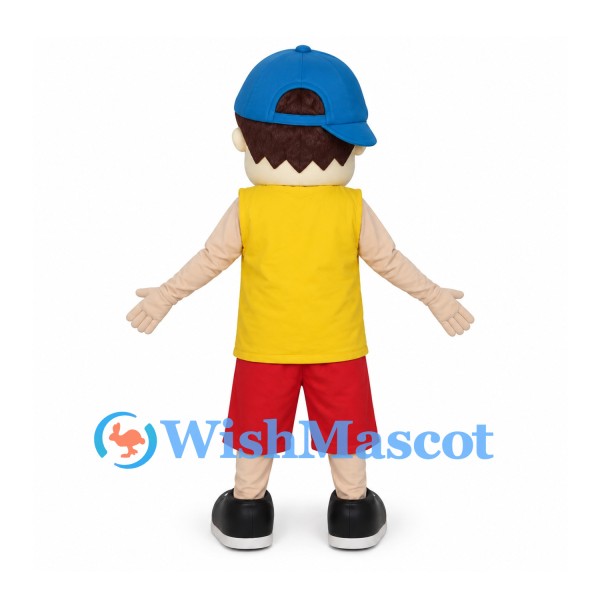 Boy Mascot Costume with Backward Blue Cap and Red Shorts