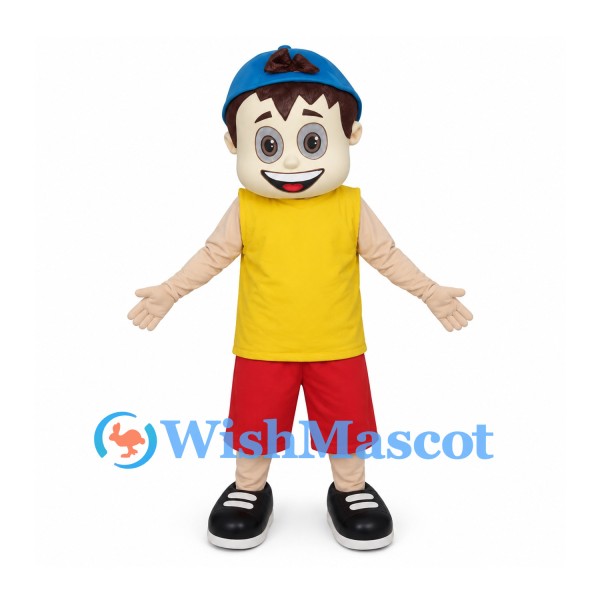 Boy Mascot Costume with Backward Blue Cap and Red Shorts