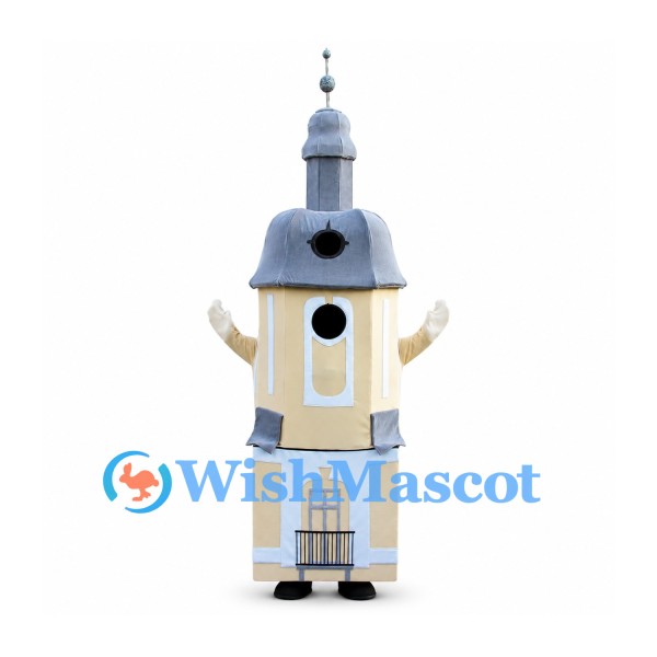 Church Tower Mascot Costume with Gray Spire and Cream Walls