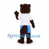 Beaver Mascot Costume in Brown with White Shirt and Blue Shorts