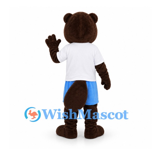 Beaver Mascot Costume in Brown with White Shirt and Blue Shorts