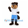 Beaver Mascot Costume in Brown with White Shirt and Blue Shorts