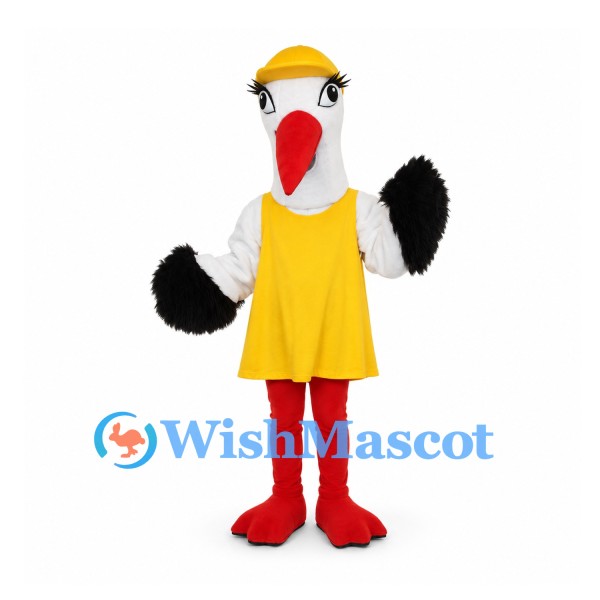 Stork Mascot Costume with Yellow Dress and Cap