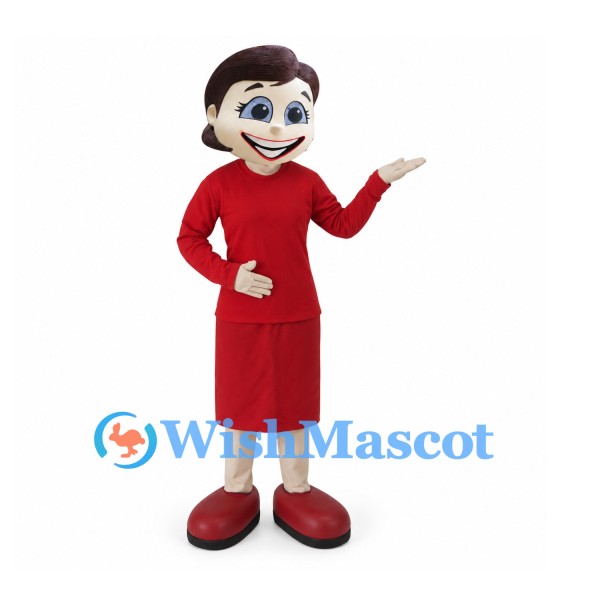Woman Mascot Costume with Red Skirt Suit and Brown Hair