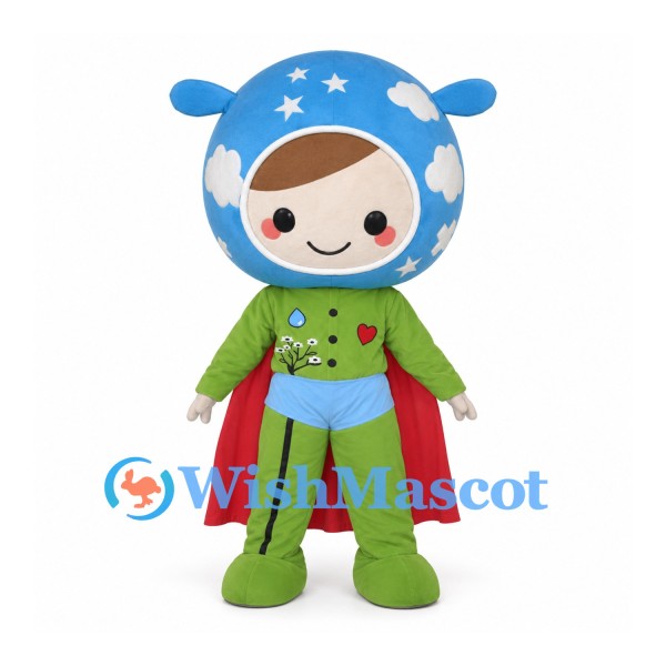Space Hero Mascot Costume with Blue Helmet and Red Cape