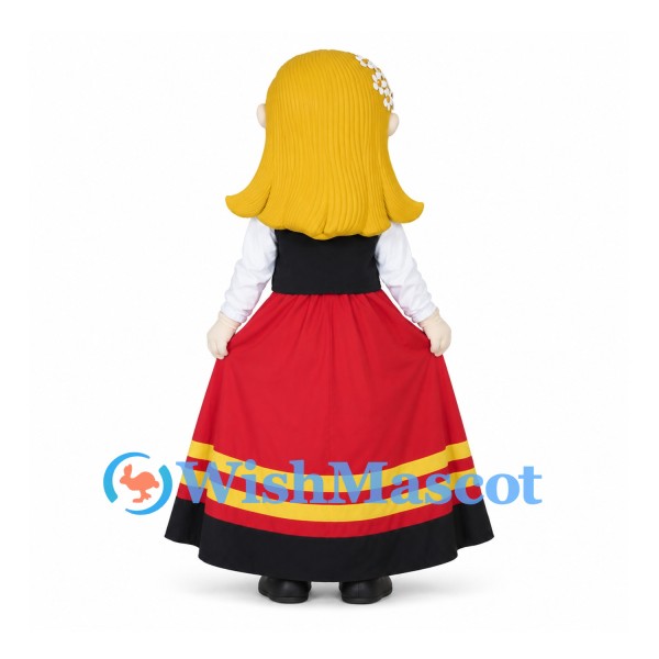 Folk Dancer Mascot Costume with Red Skirt and Blond Hair