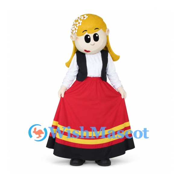 Folk Dancer Mascot Costume with Red Skirt and Blond Hair
