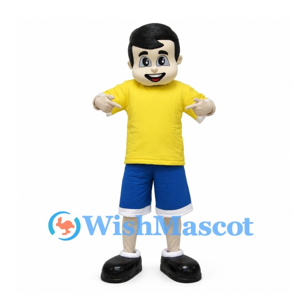 Boy Mascot Costume with Yellow Shirt and Blue Shorts