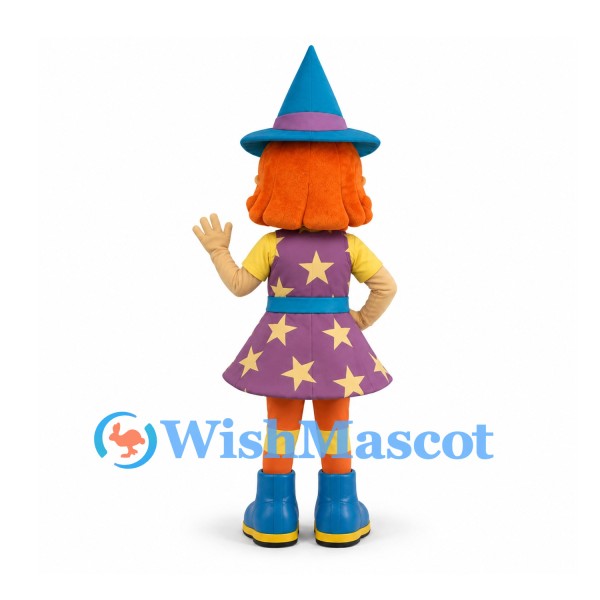 Witch Mascot Costume with Blue Hat and Purple Star Dress