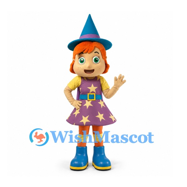 Witch Mascot Costume with Blue Hat and Purple Star Dress