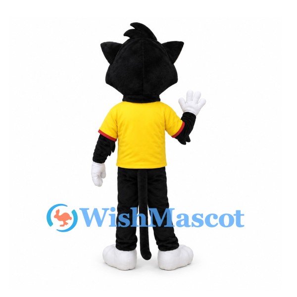 Cat Mascot Costume in Black and White with Yellow Shirt