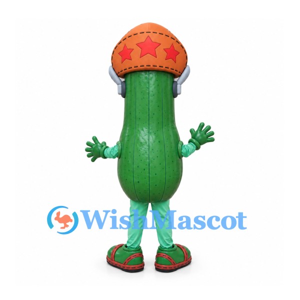 Cucumber Mascot Costume with Orange Star Cap and Headphones