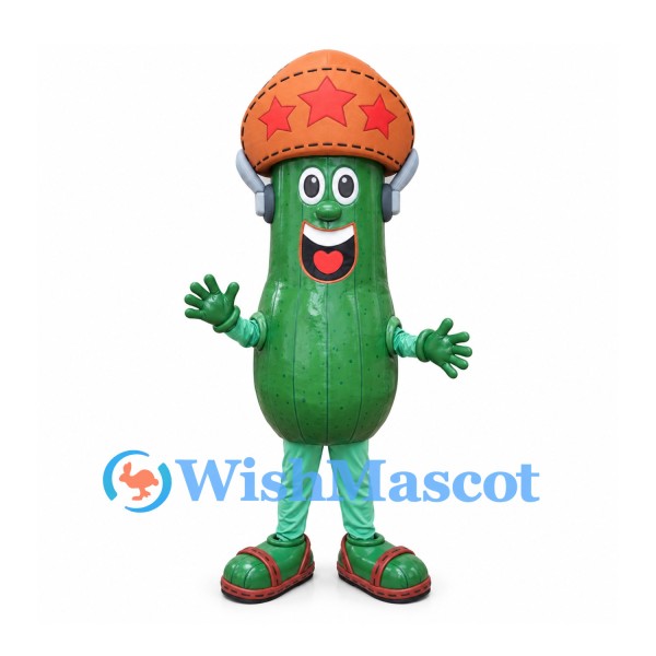 Cucumber Mascot Costume with Orange Star Cap and Headphones