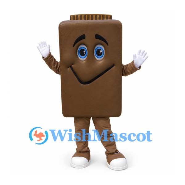 Coffee Jar Mascot Costume in Brown with Smiling Face