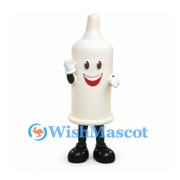Condom Mascot Costume in White with Smiling Face