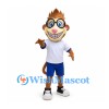 Monkey Mascot Costume with Glasses and Blue Shorts