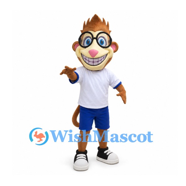 Monkey Mascot Costume with Glasses and Blue Shorts