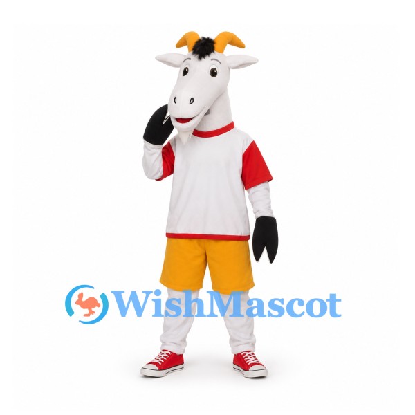 Goat Mascot Costume in White with Red and White Shirt