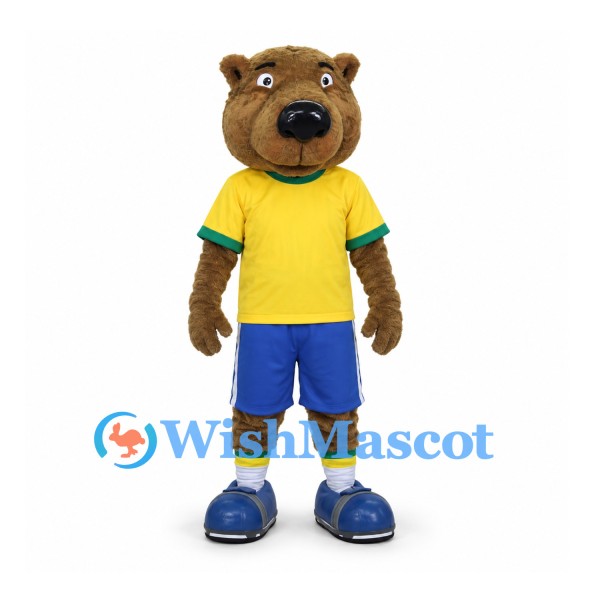 Bear Mascot Costume with Yellow Jersey and Blue Shorts