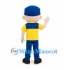 Delivery Worker Mascot Costume with Blue Cap and Yellow Shirt
