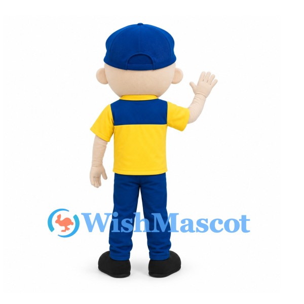 Delivery Worker Mascot Costume with Blue Cap and Yellow Shirt