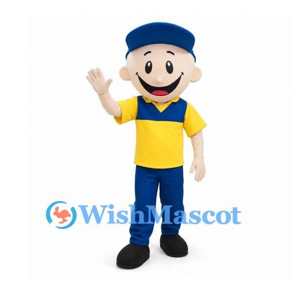Delivery Worker Mascot Costume with Blue Cap and Yellow Shirt