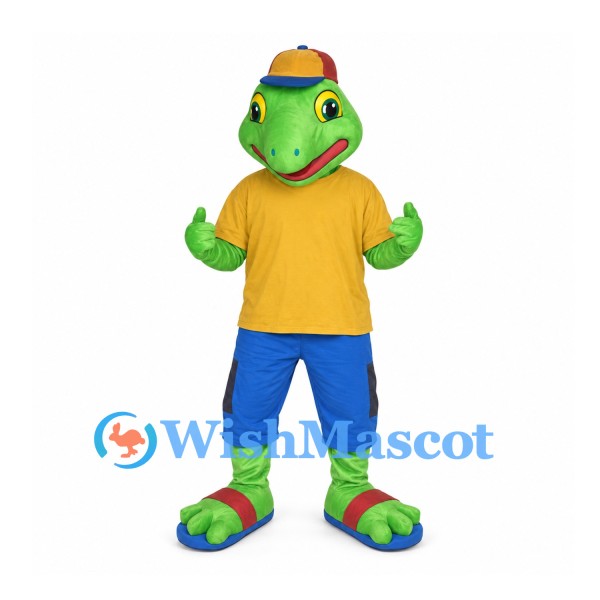 Crocodile Mascot Costume with Yellow Shirt and Blue Shorts