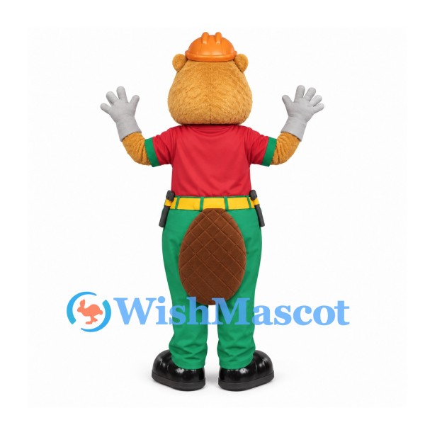 Beaver Mascot Costume with Red Shirt and Green Work Pants