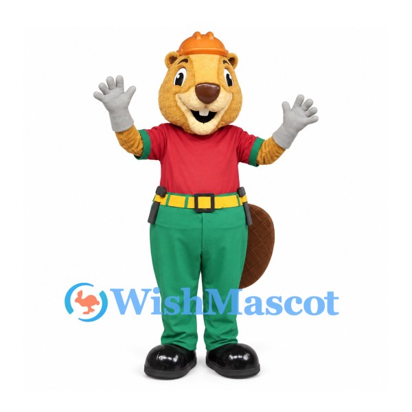 Beaver Mascot Costume with Red Shirt and Green Work Pants