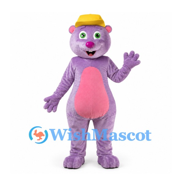 Bear Mascot Costume in Purple with Yellow Cap