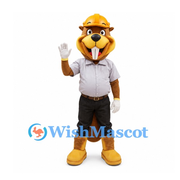 Beaver Mascot Costume with Yellow Hard Hat and Gray Shirt