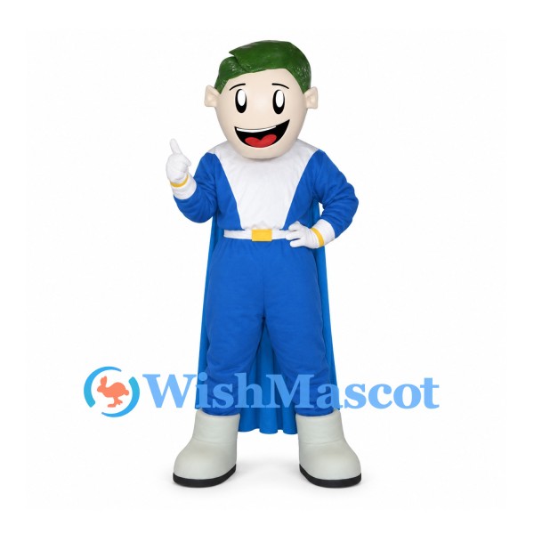 Superhero Mascot Costume in Blue with Green Hair and Cape