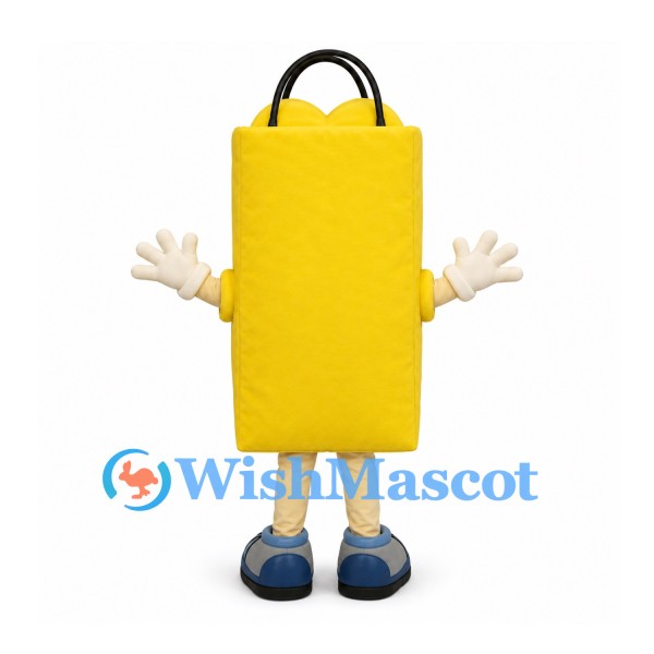 Shopping Bag Mascot Costume in Yellow with Black Handles