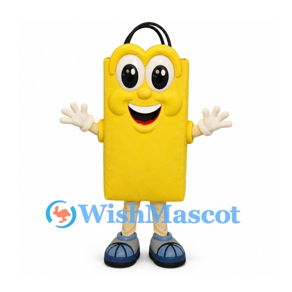Shopping Bag Mascot Costume in Yellow with Black Handles