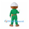 Construction Worker Mascot Costume with Green Uniform and White Hard Hat