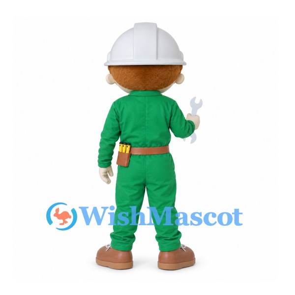 Construction Worker Mascot Costume with Green Uniform and White Hard Hat