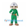 Construction Worker Mascot Costume with Green Uniform and White Hard Hat
