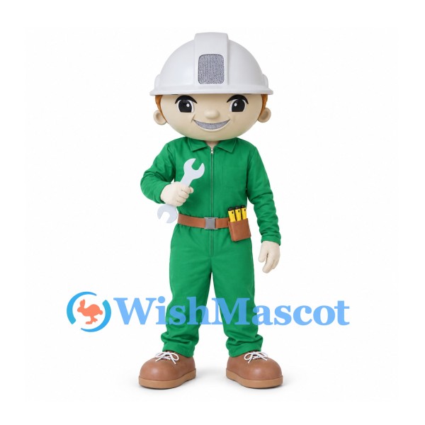 Construction Worker Mascot Costume with Green Uniform and White Hard Hat