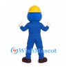 Construction Worker Mascot Costume in Blue with Yellow Hard Hat