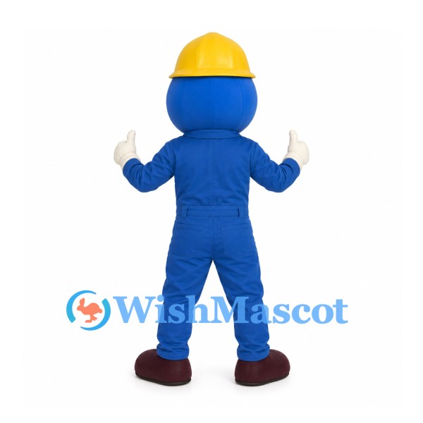 Construction Worker Mascot Costume in Blue with Yellow Hard Hat