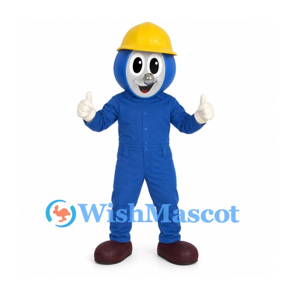 Construction Worker Mascot Costume in Blue with Yellow Hard Hat