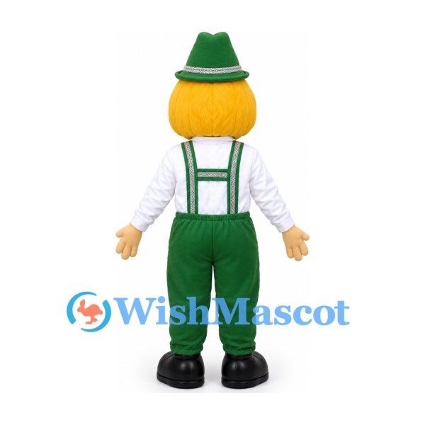 Farmer Mascot Costume with Green Hat and Overalls
