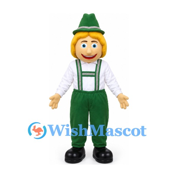 Farmer Mascot Costume with Green Hat and Overalls