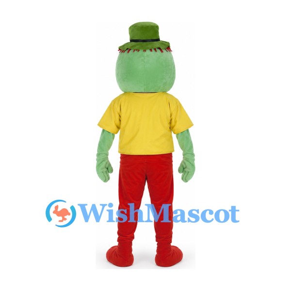 Frog Mascot Costume with Green Hat and Yellow Clover Shirt
