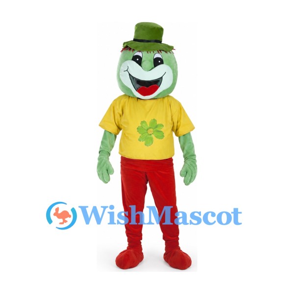 Frog Mascot Costume with Green Hat and Yellow Clover Shirt