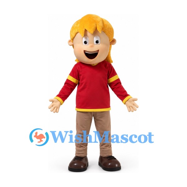 Boy Mascot Costume with Blond Hair and Red Sweater
