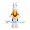 Rabbit Mascot Costume with Red Apron and Yellow Shirt